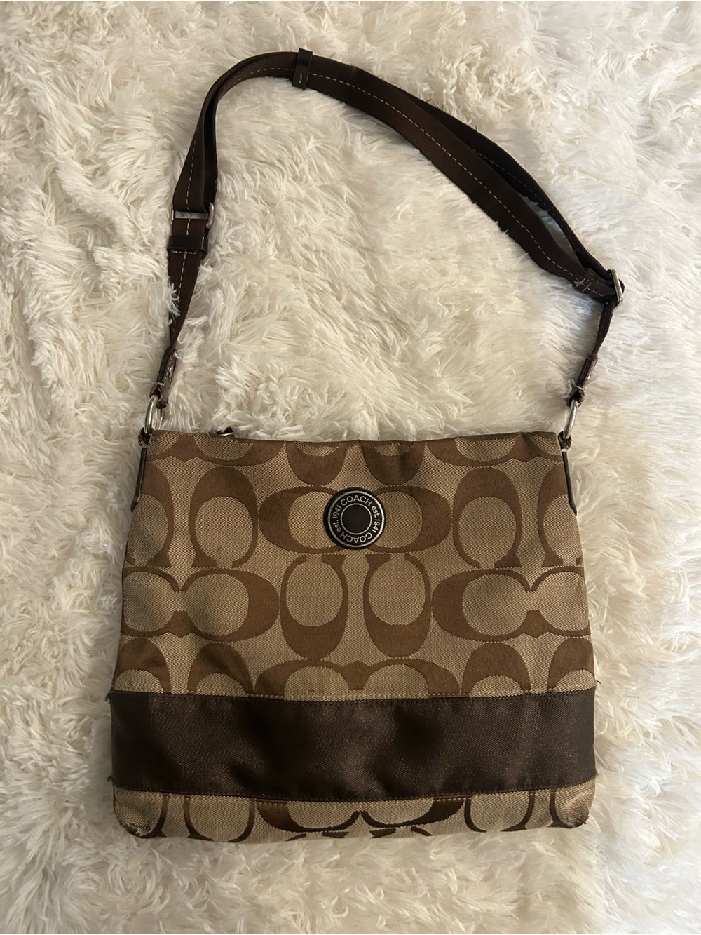 Coach Brown Signature Canvas Shoulder Bag with Chocolate Trim